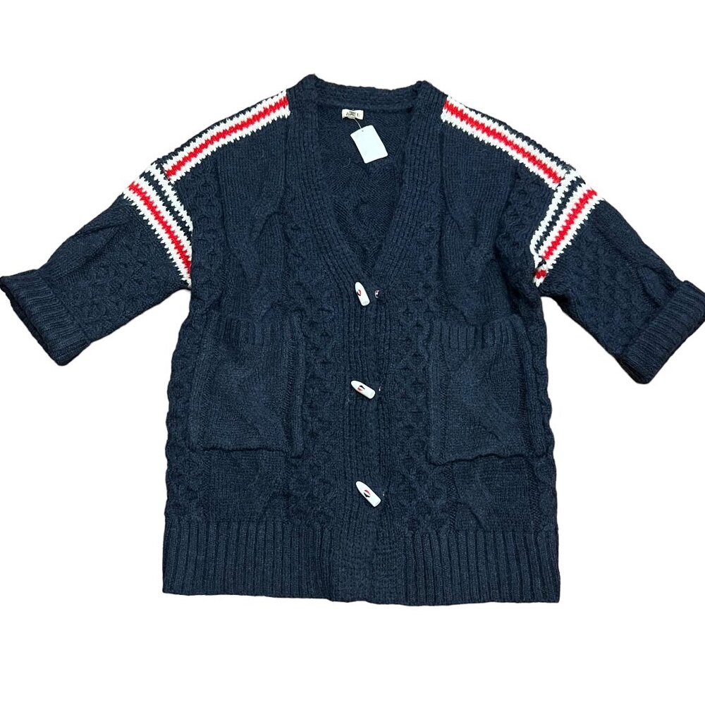POL Oversized Chunky Cable Knit Long Button Cardigan, Pockets, NWT, Navy, M